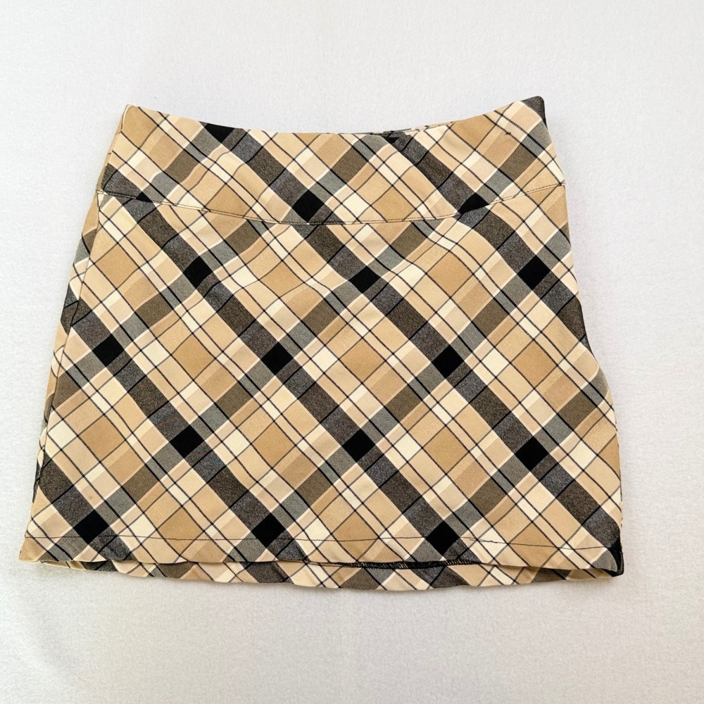 Forever 21 Tan Plaid Mini Skirt XS Black White Check Preppy A-Line Side Zip